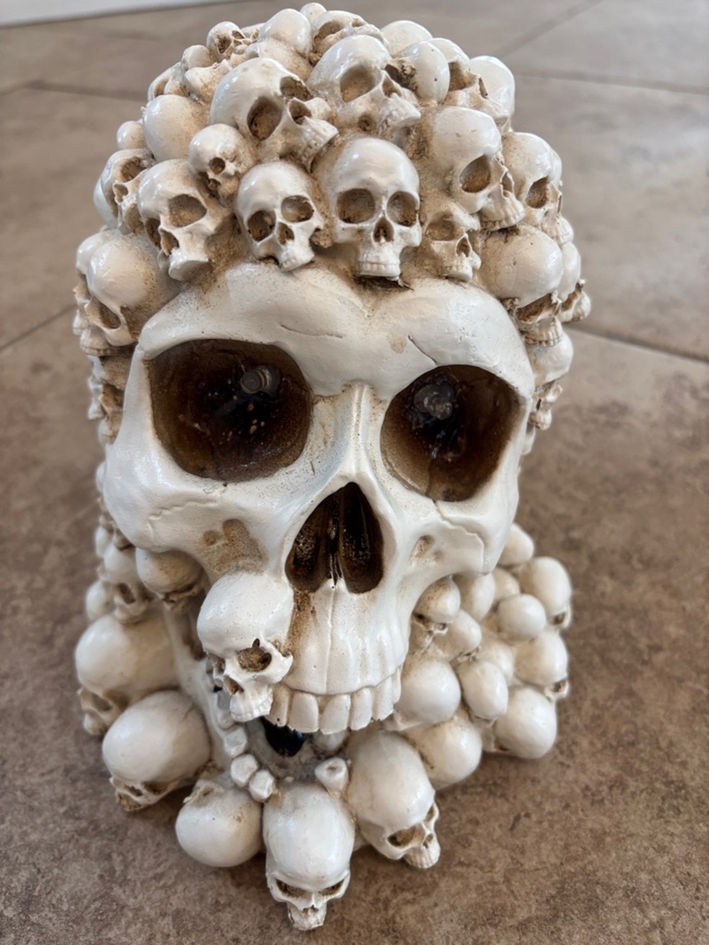 Decorative Skull Cluster Statue - White with Brown Accents